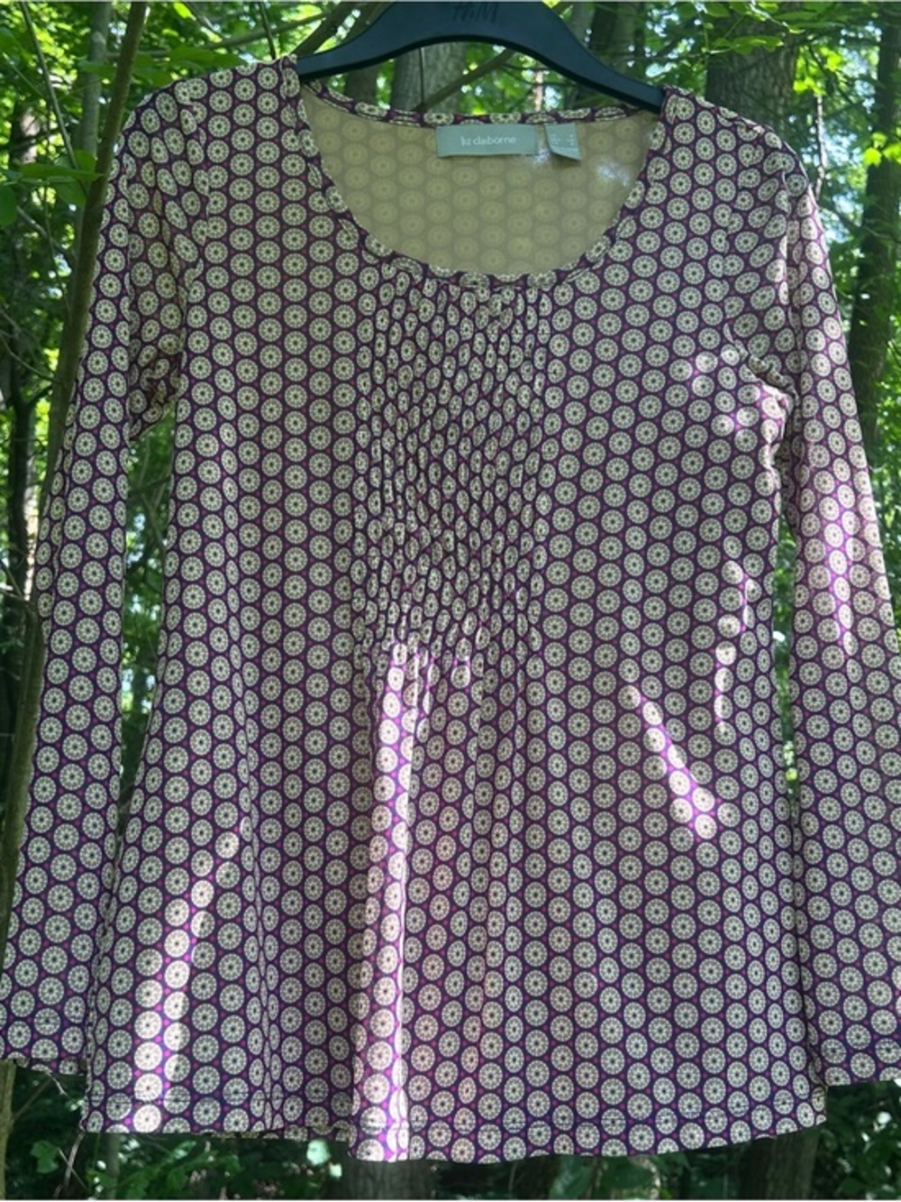 Liz Claiborne Geometric Medallion Print  Long Sleeve Pleated Front Blouse